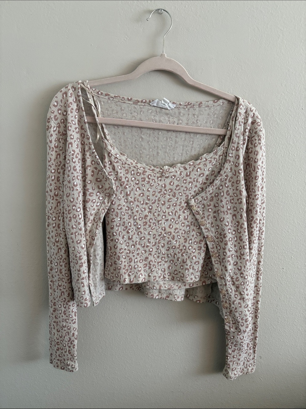 Pink Rose Beige & Blush Leopard Crop Top with Matching Cardigan